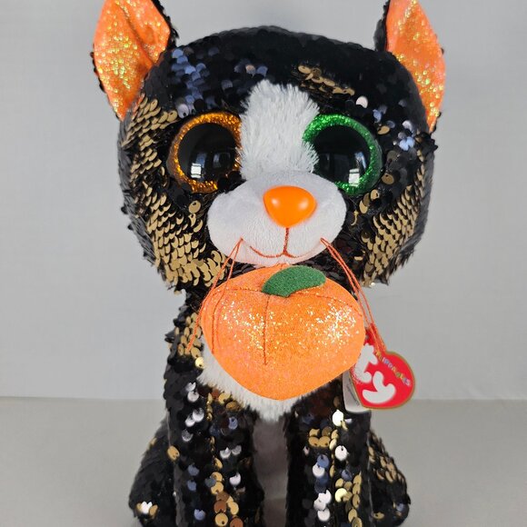 Ty Flippables Sequin Plush Jinx The Black Cat With Pumpkin Large Size 10.5" - Picture 1 of 8